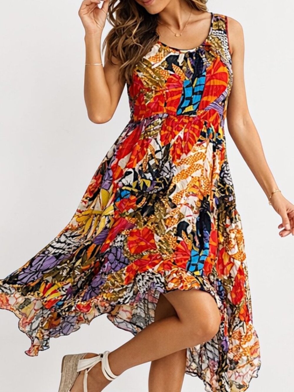 Loralette Crinkle Maxi Dress Sharkbite Hem Colorful Sleeveless 2X